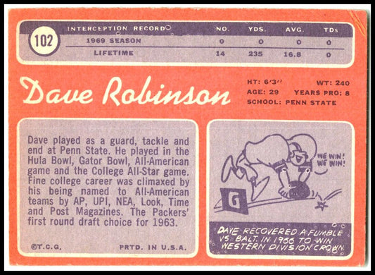 1970 Topps #102 Dave Robinson Green Bay Packers