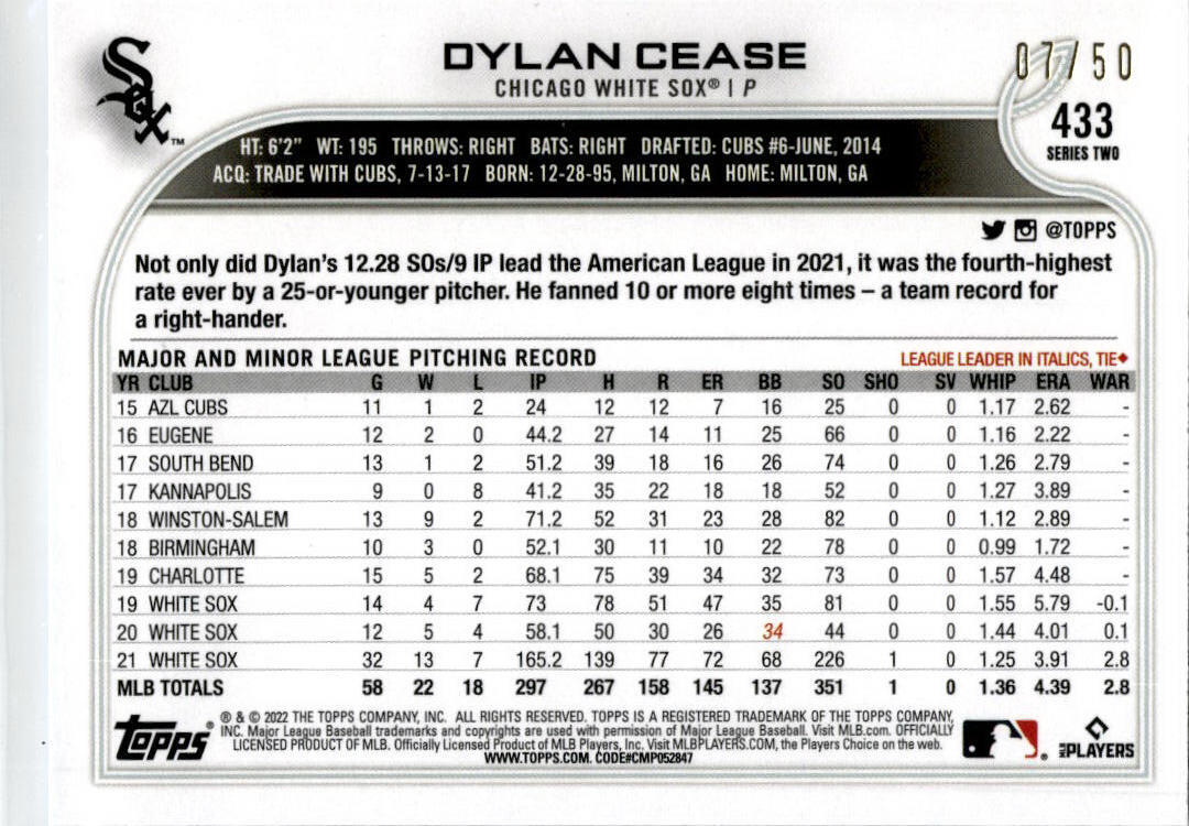 2022 Topps Father's Day Powder Blue #433 Dylan Cease #/50 Chicago White Sox