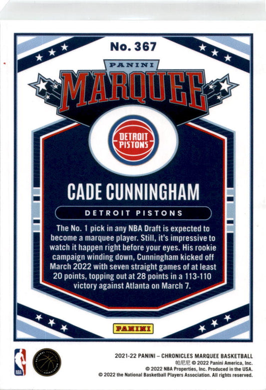 2021-22 Panini Chronicles Green Marquee #367 Cade Cunningham Detroit Pistons