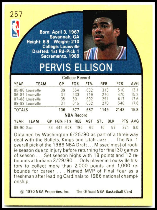 1990-91 Hoops #257 Pervis Ellison Rookie Sacramento Kings