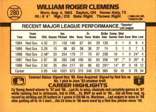 1989 Donruss #280a Roger Clemens Boston Red Sox