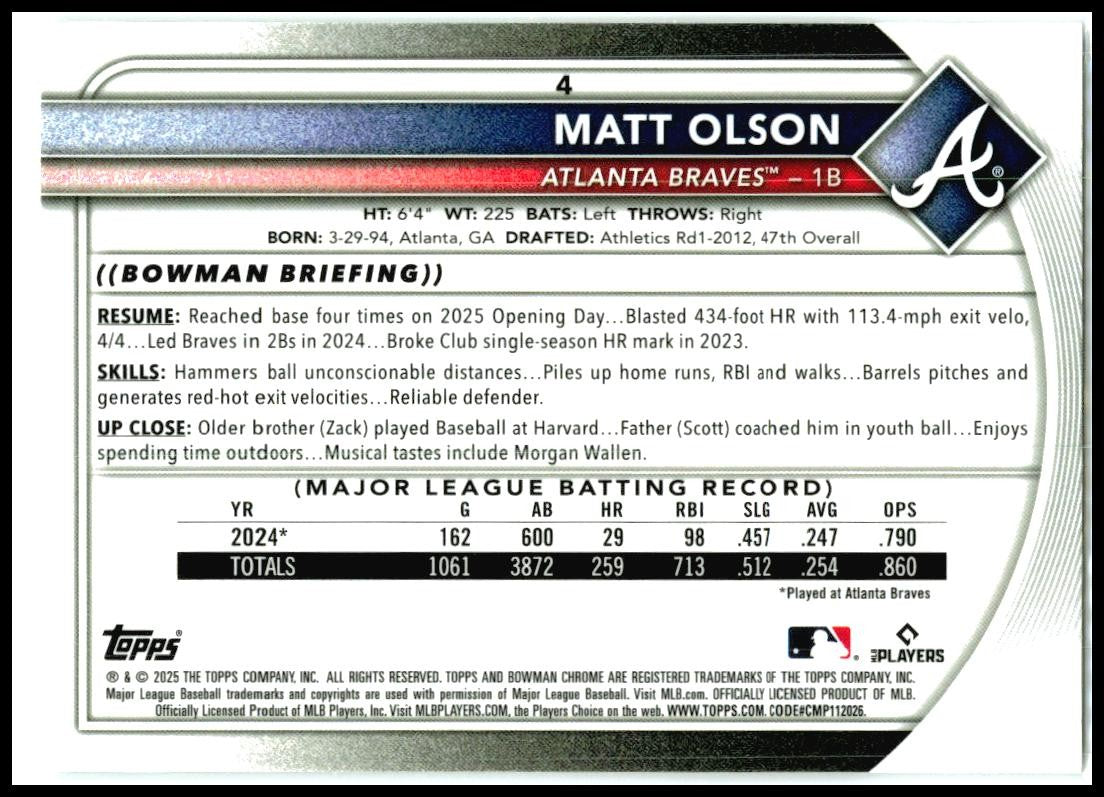 2025 Bowman Chrome #4 Matt Olson Atlanta Braves