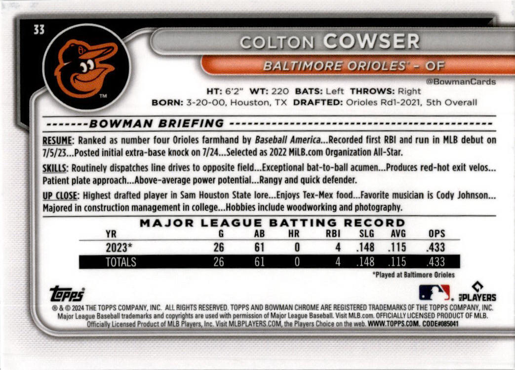 2024 Bowman Chrome #33 Colton Cowser Rookie Baltimore Orioles