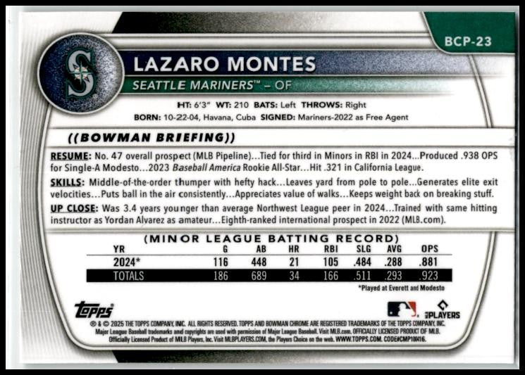 2025 Bowman Chrome #BCP-23 Lazaro Montes Mariners