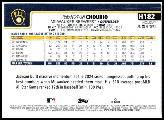 2025 Topps Holiday #H182b Jackson Chourio Milwaukee Brewers