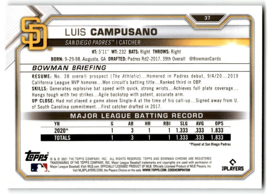 2021 Bowman Chrome Luis Campusano Rookie San Diego Padres #37