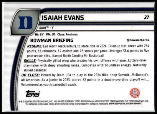 2024-25 Bowman University Chrome Green Shimmer Refractor #27 Isaiah Evans Duke