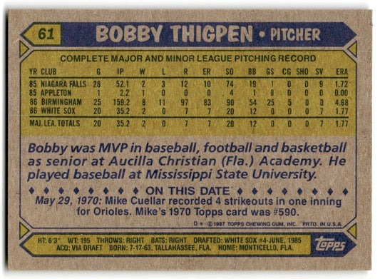 1987 Topps Bobby Thigpen Rookie Chicago White Sox #61