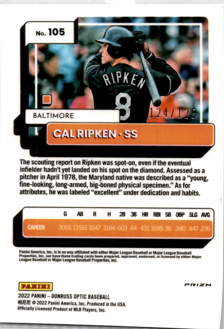 2022 Donruss Optic Orange Prizm #105 Cal Ripken /125 Baltimore Orioles