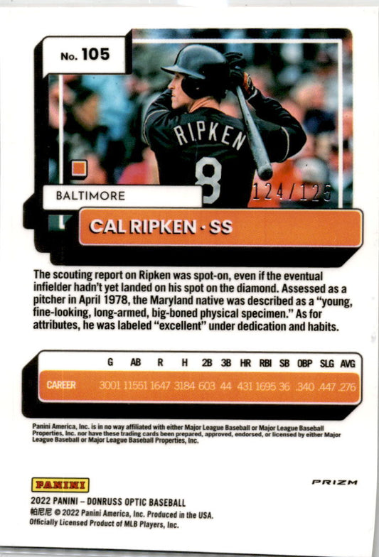 2022 Donruss Optic Orange Prizm #105 Cal Ripken /125 Baltimore Orioles