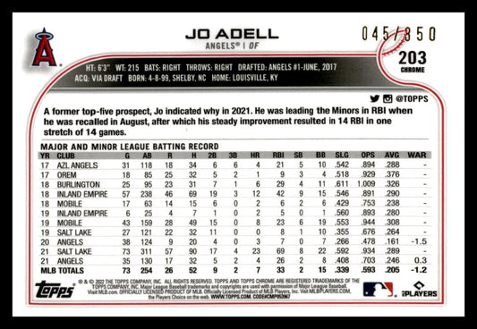 2022 Topps Chrome Magenta Speckle Refractor #203 Jo Adell 045/350