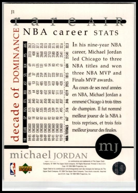 1994 Upper Deck Jordan Rare Air Decade of Dominance #J1 Michael Jordan Bulls