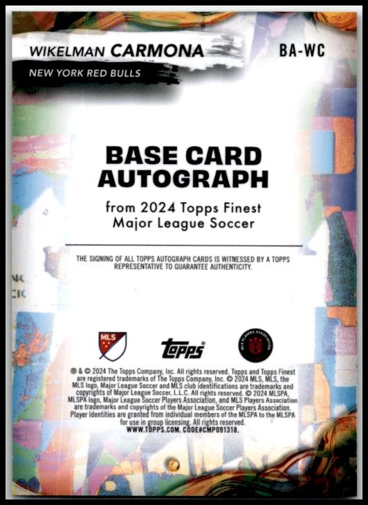 2024 Topps Finest MLS Blue #/75 #BA-WC Wikelman Carmona Rookie Auto Red Bull