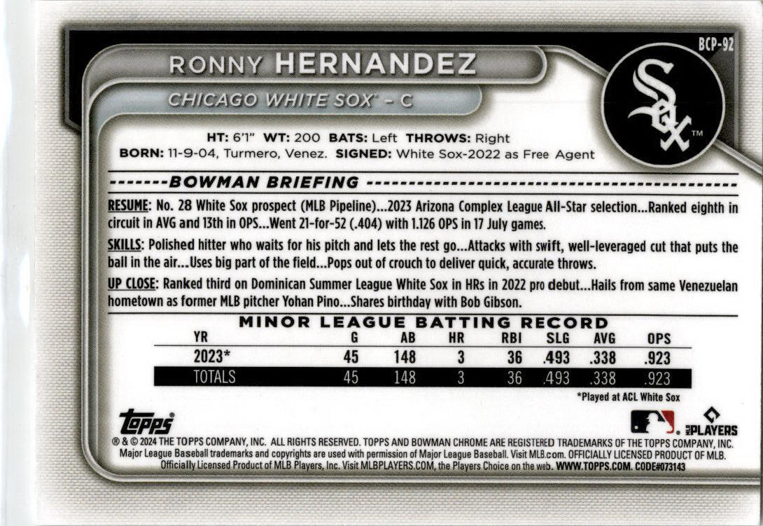 2024 Bowman Chrome #BCP-92 Ronny Hernandez Chicago White Sox