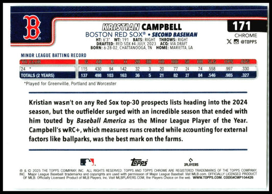 2025 Topps Chrome #171 Kristian Campbell Rookie Boston Red Sox