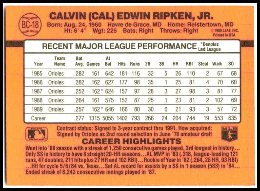 1990 Donruss Bonus MVP's #BC-18 Cal Ripken Baltimore Orioles