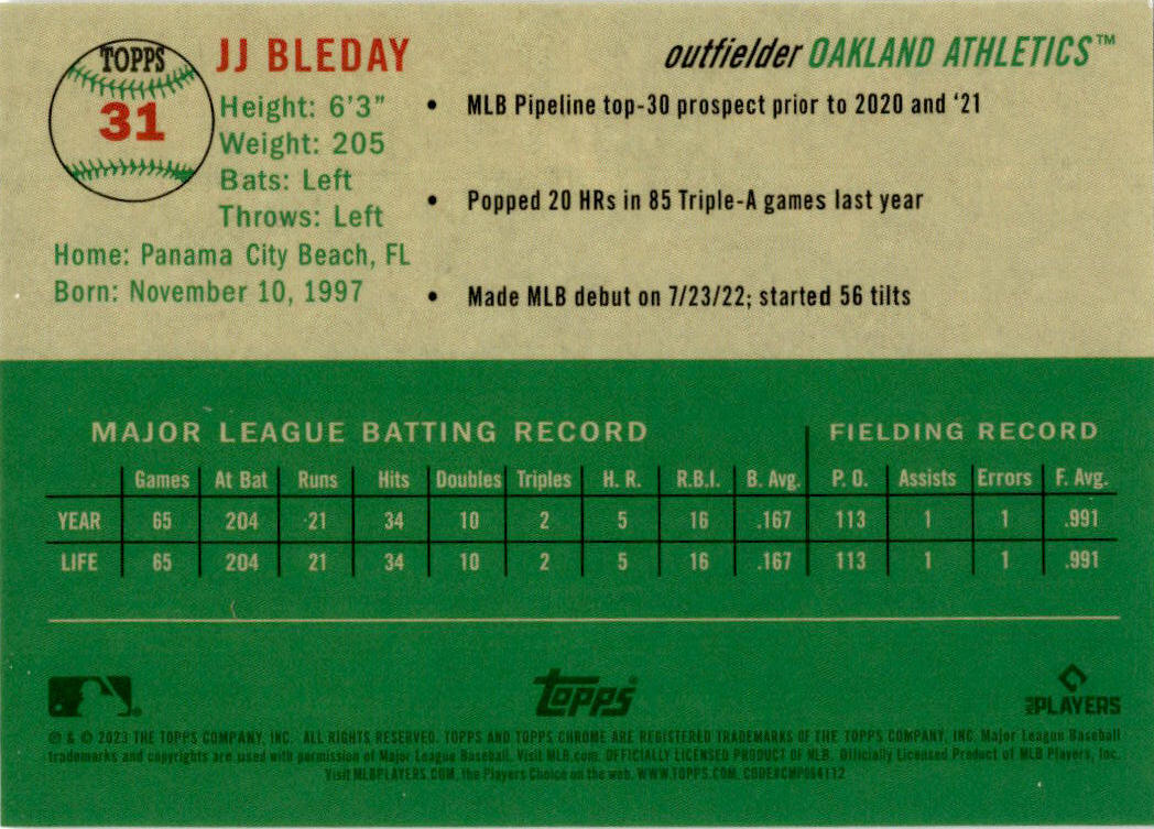 2023 Topps Chrome Platinum Anniversary Topps Refractor #31 JJ Bleday Rookie /499