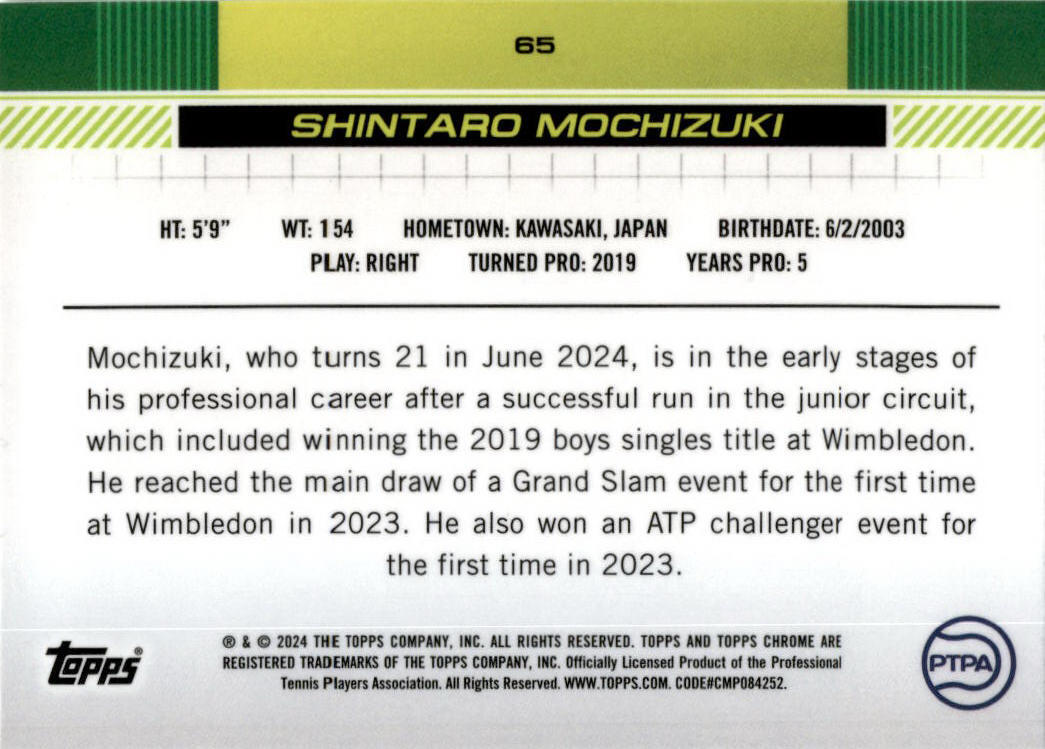 2024 Topps Chrome Tennis #65 Shintaro Mochizuki