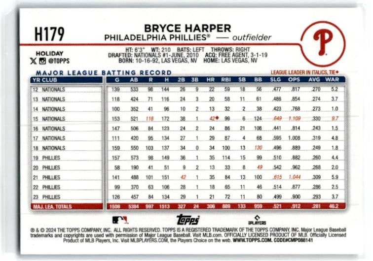 2024 Topps Holiday #H179 Bryce Harper Philadelphia Phillies