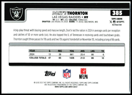 2025 Topps Chrome Refractor #385 Dont'e Thornton Rookie