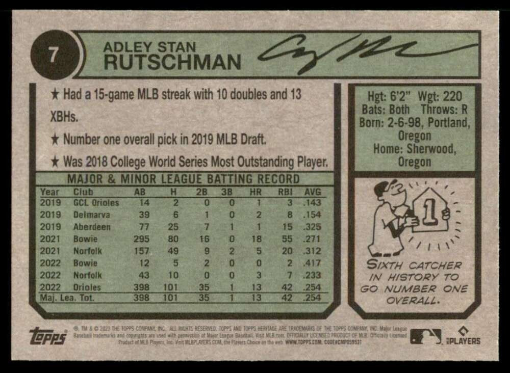 2023 Topps Heritage MLB Baseball #7 Adley Rutschman RC