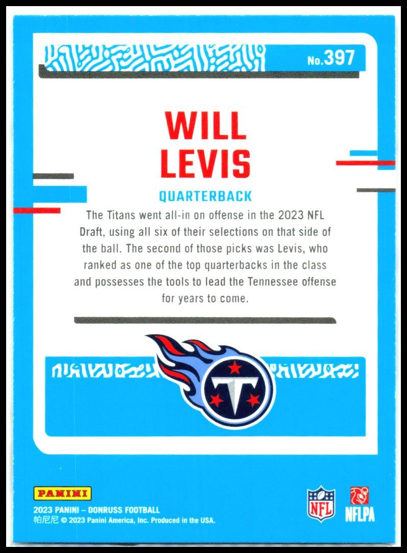 2023 Donruss #397 Will Levis Rookie Tennessee Titans