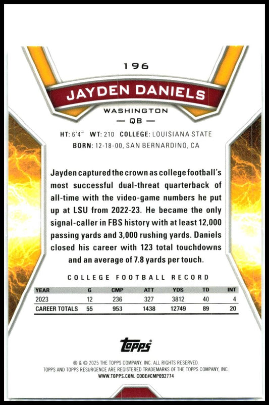 2024 Topps Resurgence #196 Jayden Daniels Rookie Washington Commanders