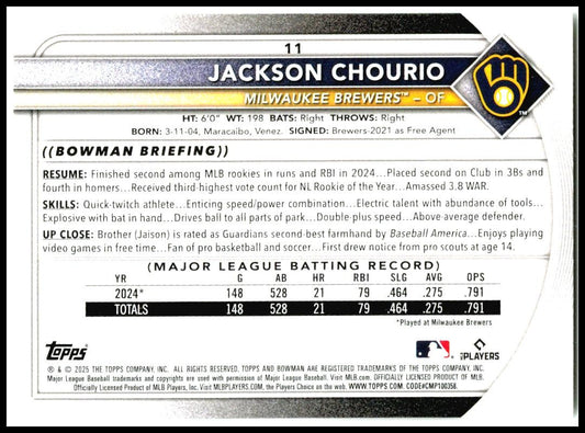 2025 Bowman #11 Jackson Chourio Milwaukee Brewers