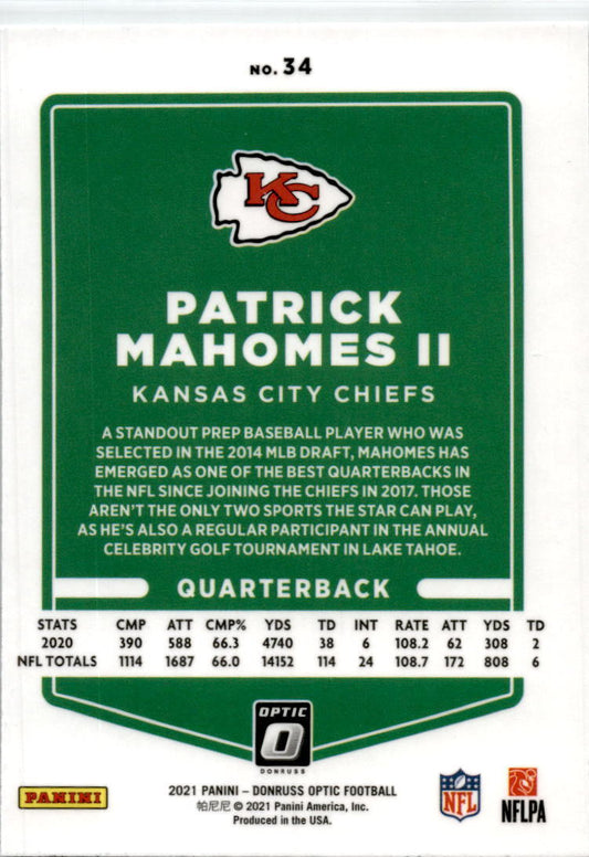 2021 Donruss Optic #34 Patrick Mahomes II Kansas City Chiefs