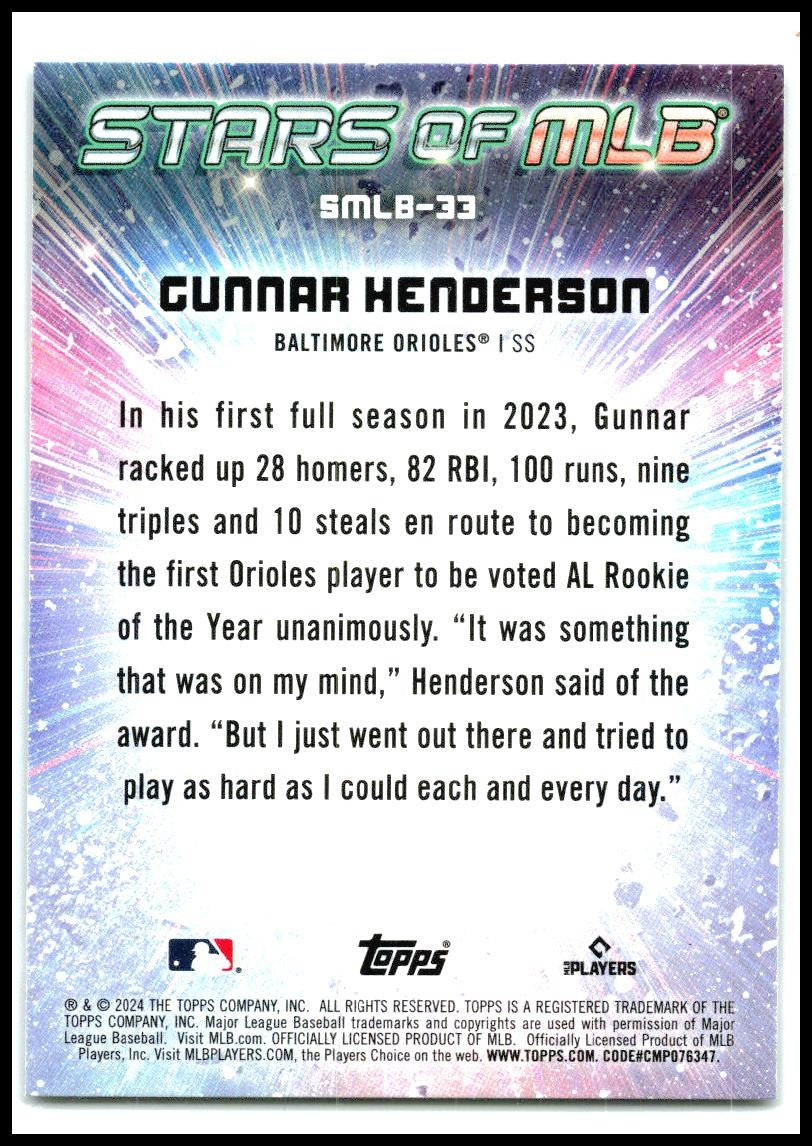 2024 Topps Stars of MLB #SMLB-33 Gunnar Henderson Baltimore Orioles