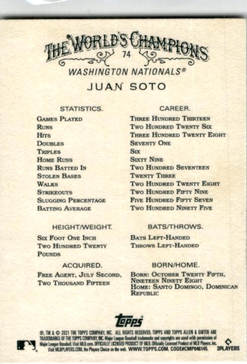 2021 Topps Allen & Ginter #74 Juan Soto Washington Nationals