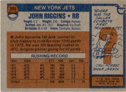 1976 Topps #305 John Riggins New Your Jets