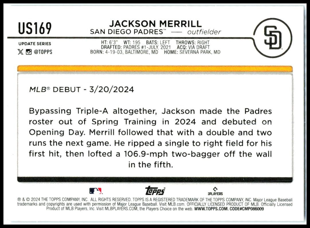 2024 Topps Update Royal Blue #US169 Jackson Merrill San Diego Padres