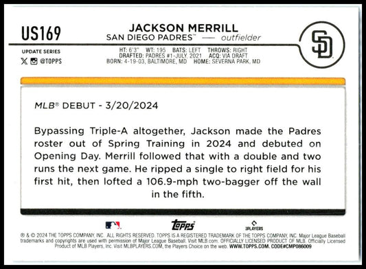 2024 Topps Update Royal Blue #US169 Jackson Merrill San Diego Padres
