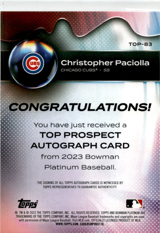 2023 Bowman Platinum #TOP-83 Christopher Paciolla Auto Chicago Cubs