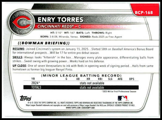 2025 Bowman Chrome Fuchsia Shimmer Refractor /199 #BCP-168 Enry Torres