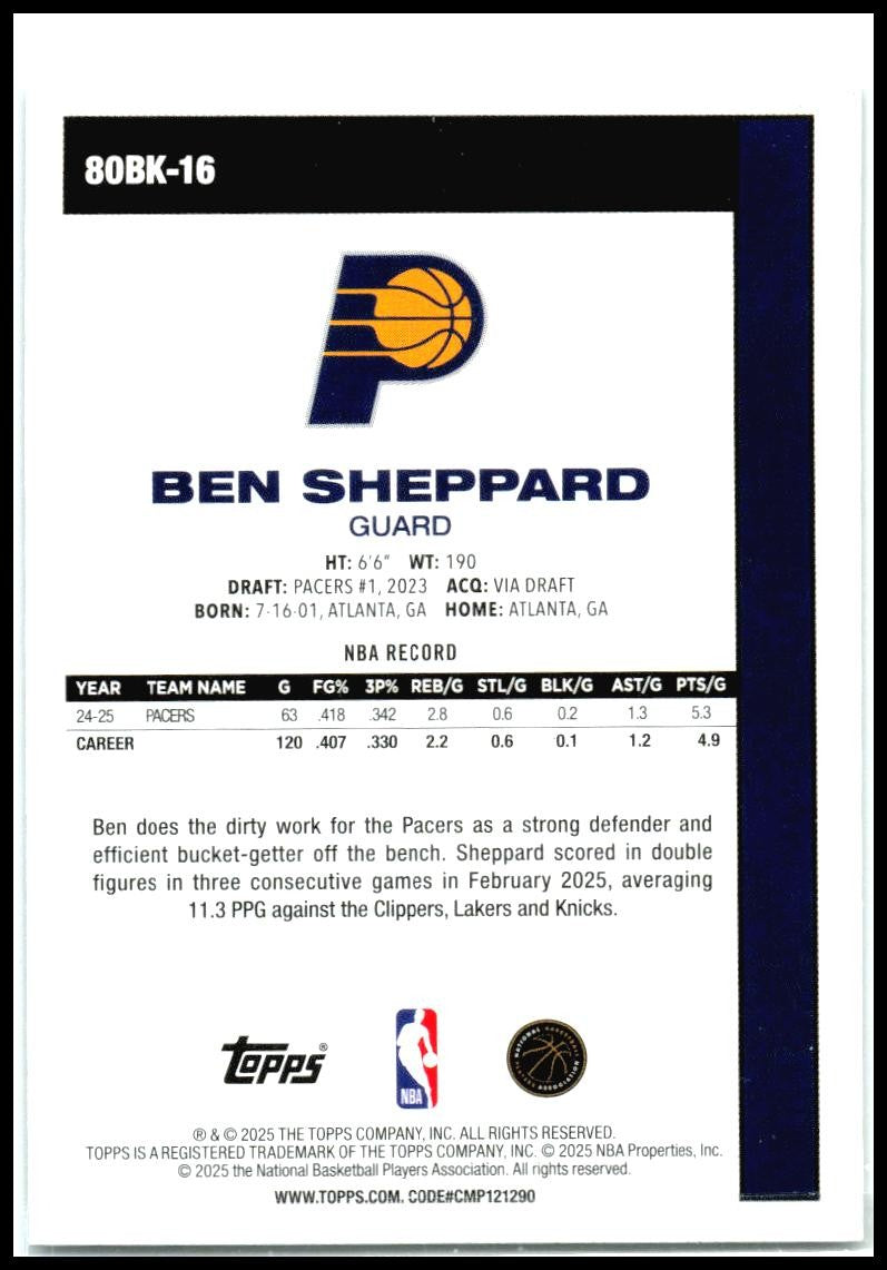 2025-26 Topps 1980-81 Topps Basketball #80BK-16 Ben Sheppard Indiana Pacers