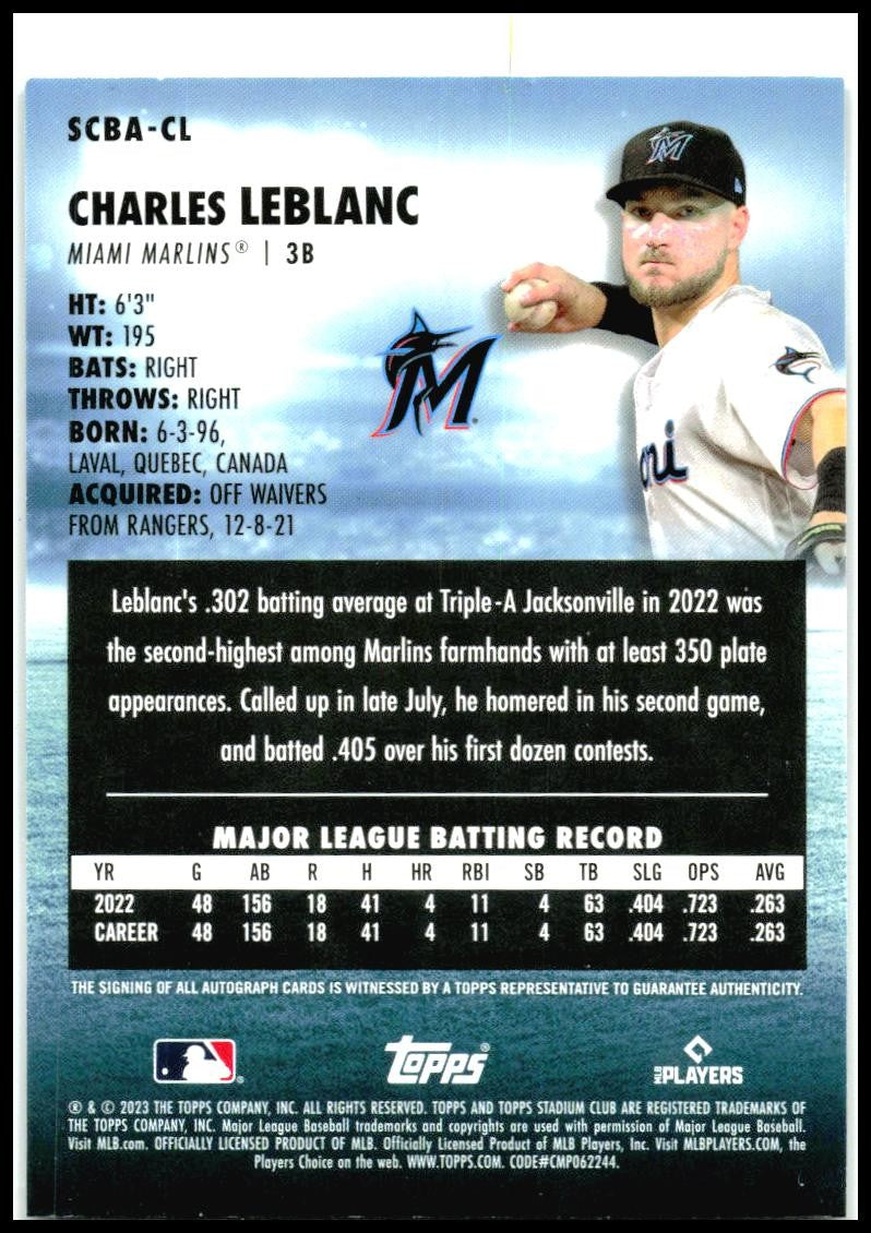 2023 Stadium Club Autographs #SCBA-CL Charles Leblanc Auto Miami Marlins