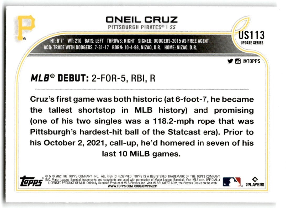 2022 Topps Update Oneil Cruz Pittsburgh Pirates #US113