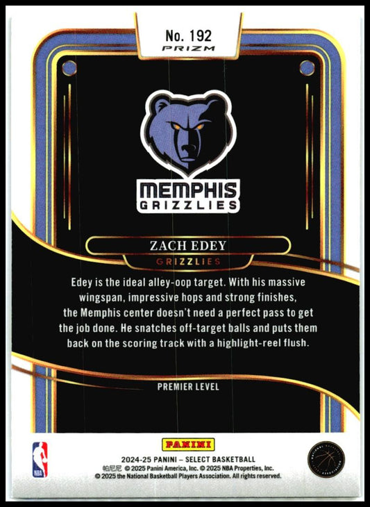 2024-25 Panini Select #192 Zach Edey Rookie Memphis Grizzlies