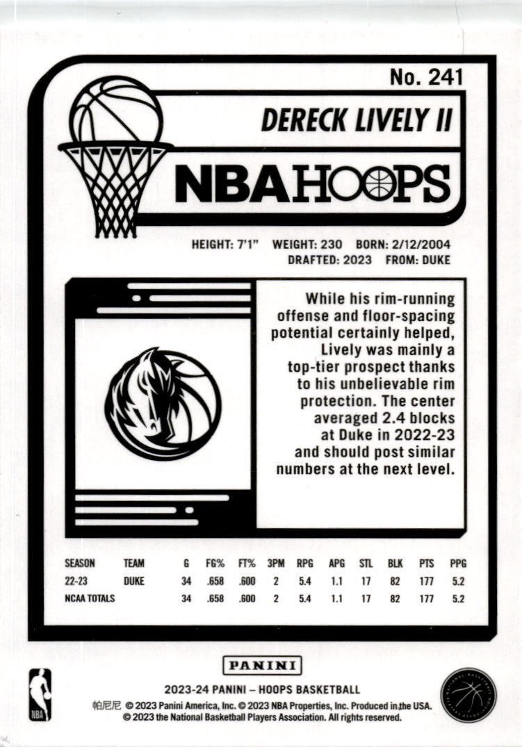 2023-24 Hoops Winter #241 Dereck Lively II Rookie Dallas Mavericks