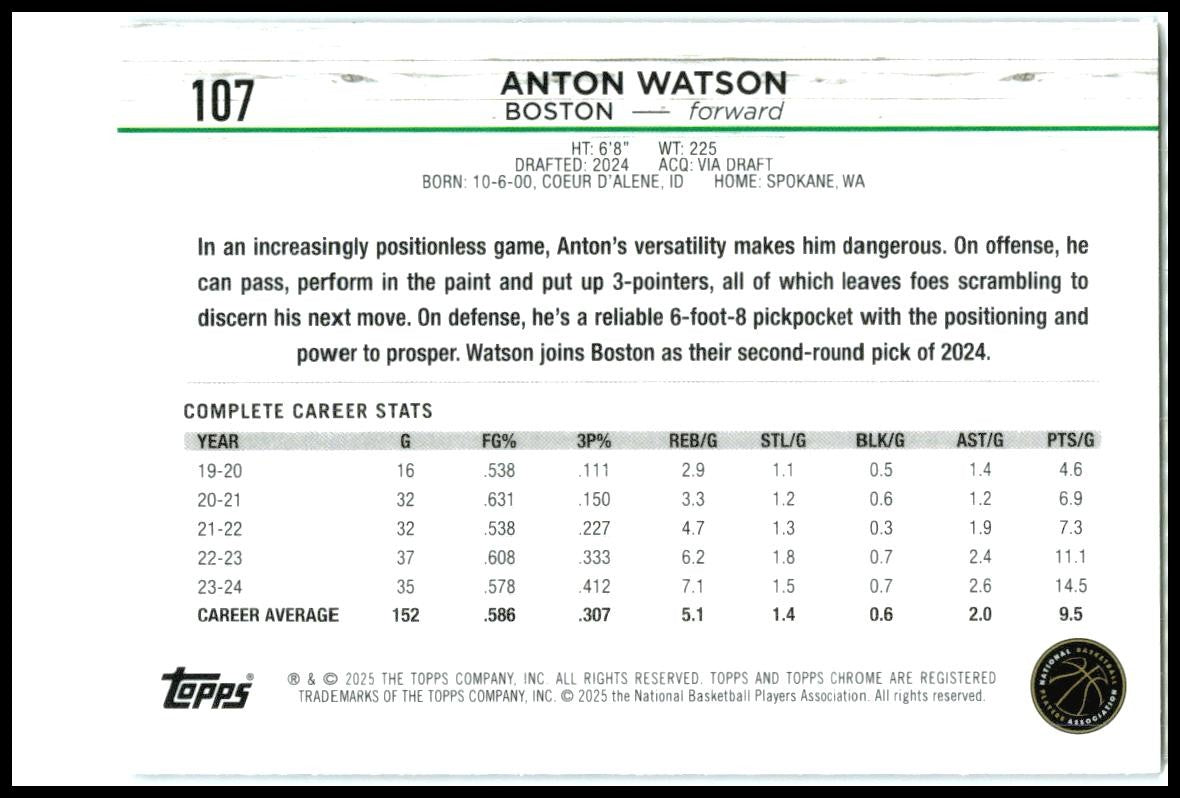 2024-25 Topps Chrome Blue Basketball Refractor #107 Anton Watson Rookie Celtics