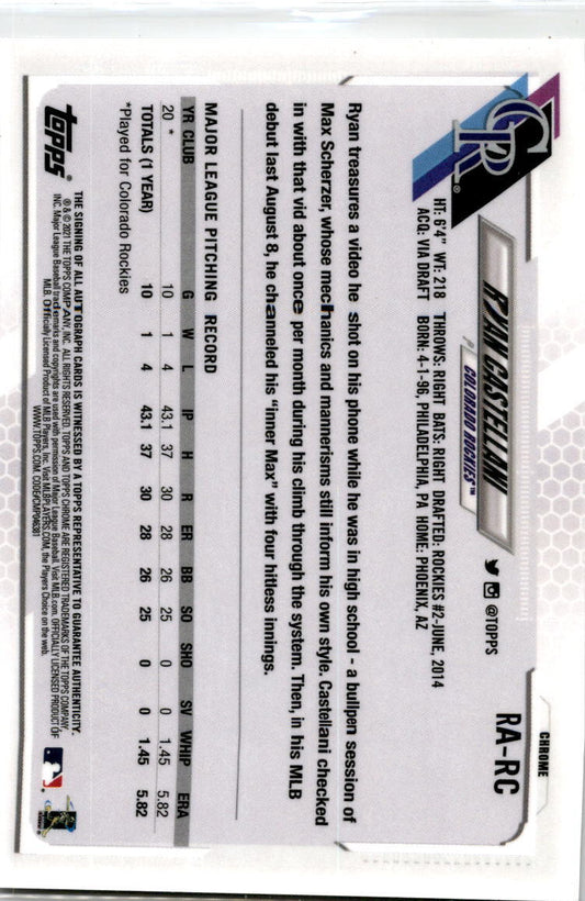 2021 Topps Chrome #RA-RC Ryan Castellani Auto Colorado Rockies
