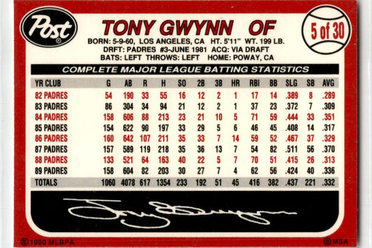 1990 Post Cereal #5 Tony Gwynn San Diego Padres