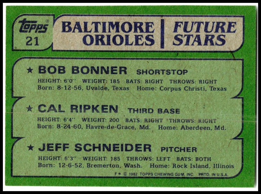 1982 Topps #21 Orioles Future Stars Bonner / Cal Ripken / Schneider Rookie