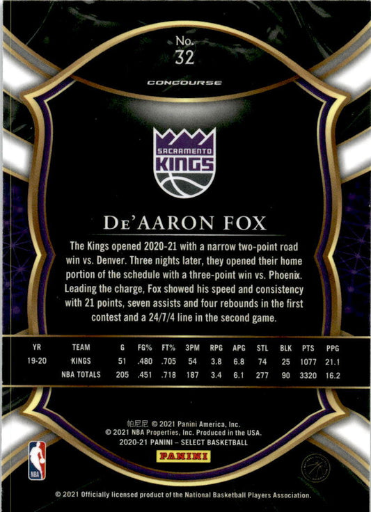 2020-21 Panini Select Blue #32 De'Aaron Fox Sacramento Kings