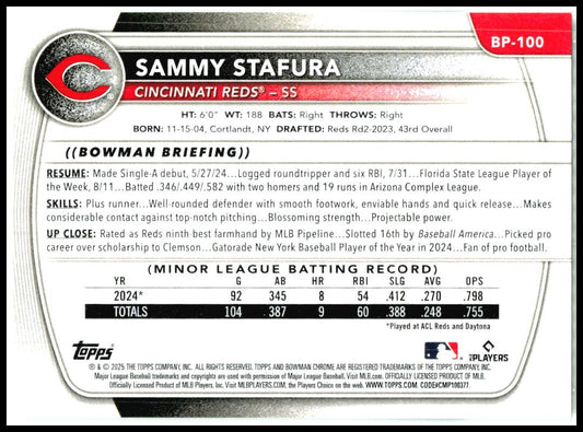 2025 Bowman #BP-100 Sammy Stafura Cincinnati Reds