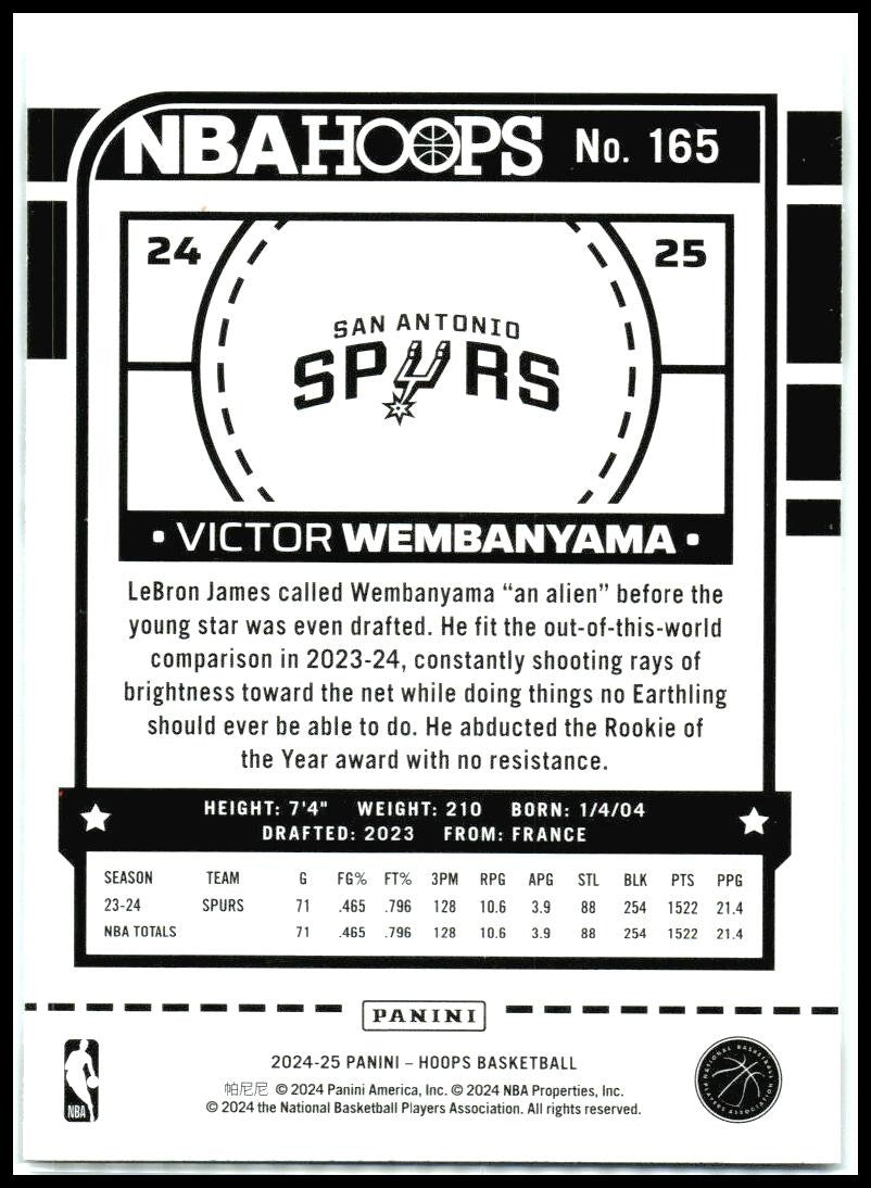 2024-25 Hoops #165 Victor Wembanyama San Antonio Spurs
