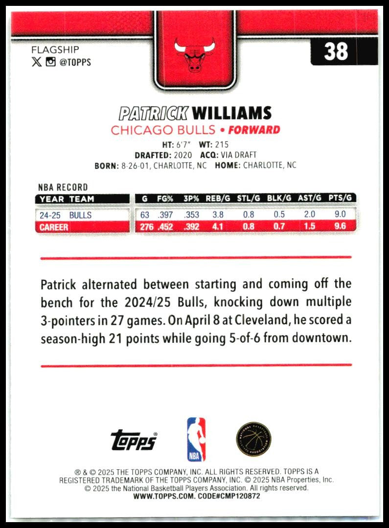 2025-26 Topps Gold #38 Patrick Williams #/2025 Chicago Bulls