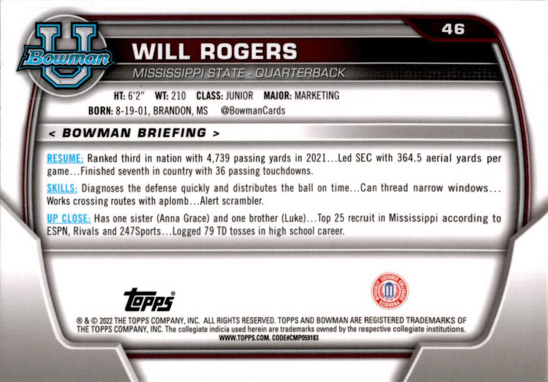 2022 Bowman Chrome University #46 Will Rogers Mississippi State Bulldogs